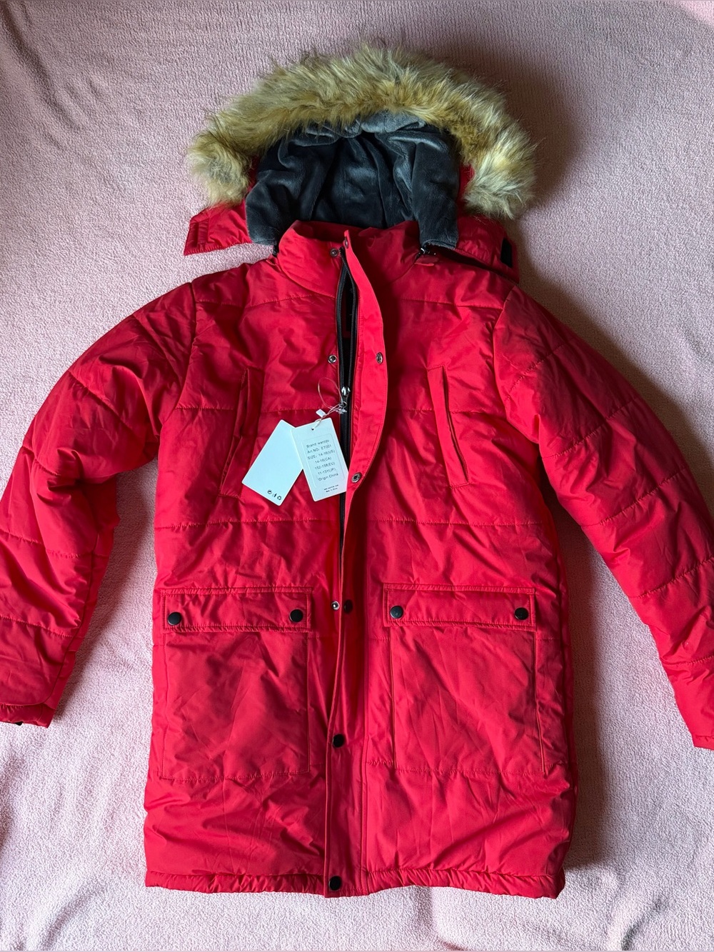 Children's Red Faux-Fur Trim Hooded Coat